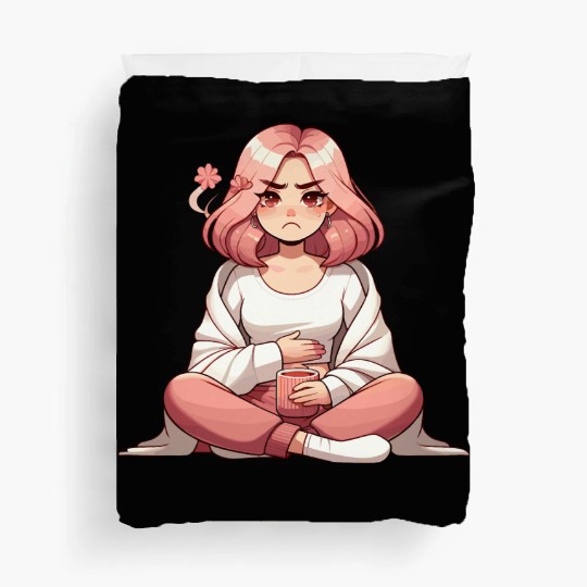 Cute Anime Girl with Mug and Flower Duvet Covers