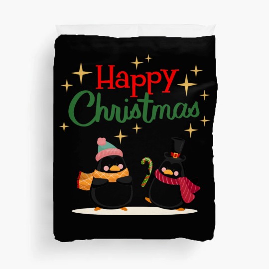 Cute cartoon penguins celebrating Christmas Duvet Covers