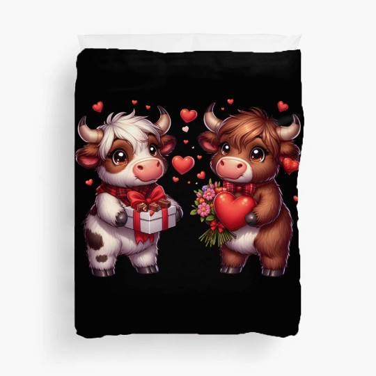 Cute cartoon valentines highland cow Duvet Covers