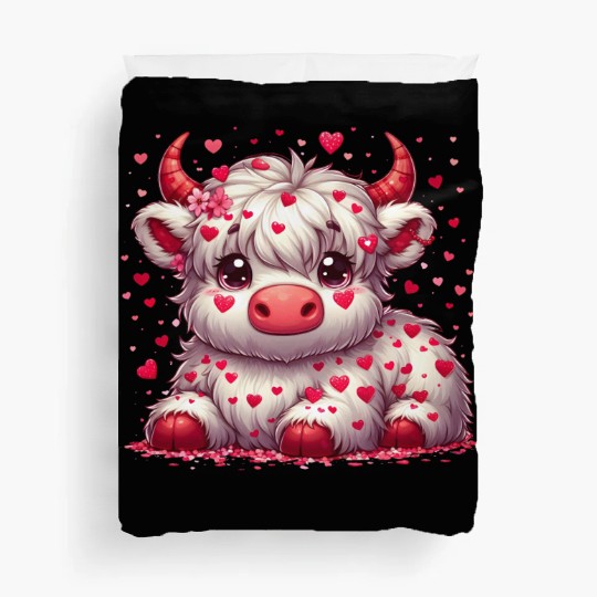 Cute cartoon valentines highland cow Duvet Covers