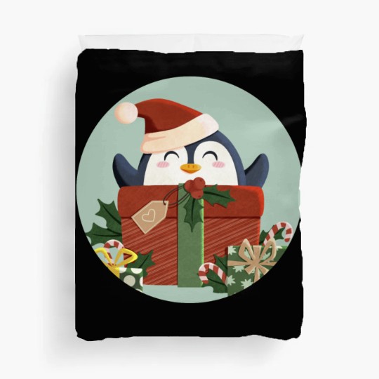 Cute Penguin with Gift and Santa Hat Duvet Covers