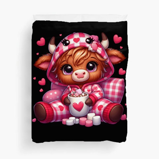 Cute cartoon valentines highland cow Duvet Covers
