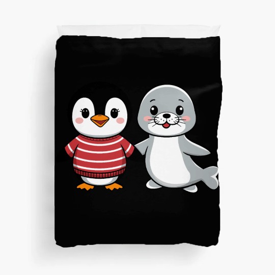 Penguin and Seal Friends holding hands Duvet Covers