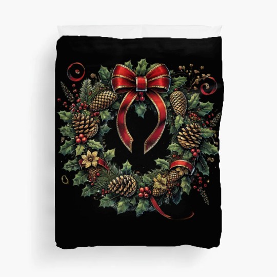 Rustic Christmas Wreath with Holly and Pine Cones Duvet Covers