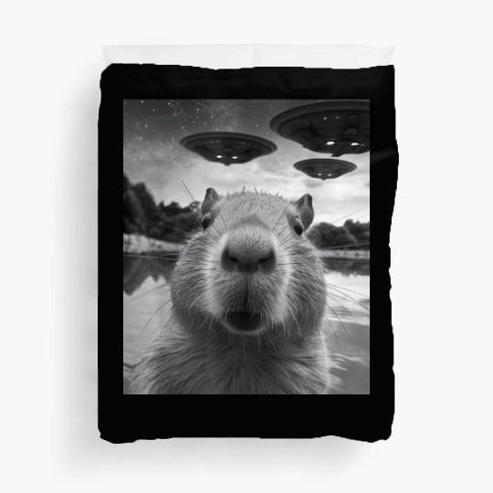 Funny Graphic Capybara Selfie with UFOs Weird Duvet Covers