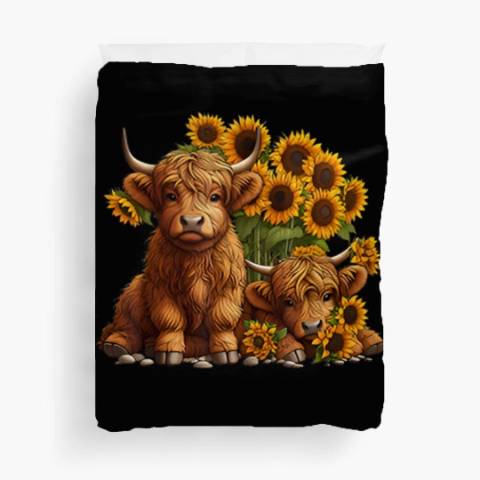 Cute Scottish Highland Cow Sunflower Farmer Duvet Covers