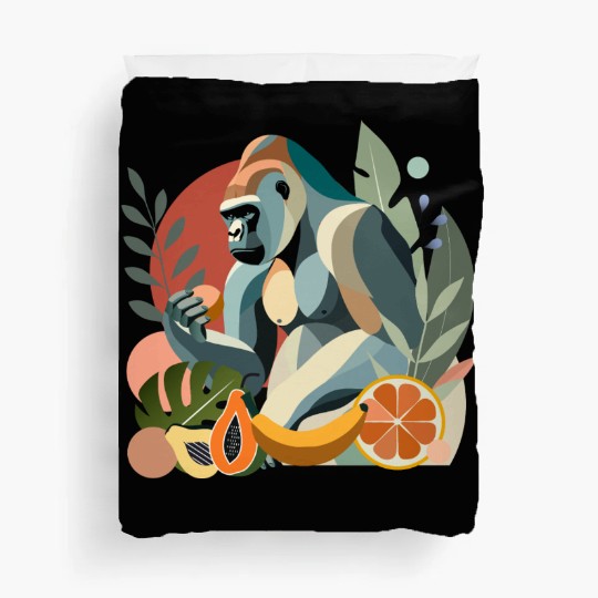 Proud gorilla with banana in tropical surroundings Duvet Covers