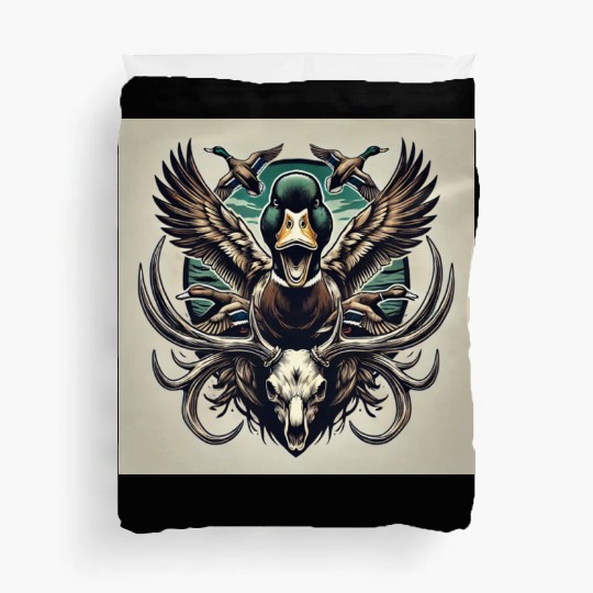 Mallard duck flying over deer skull in marsh Duvet Covers