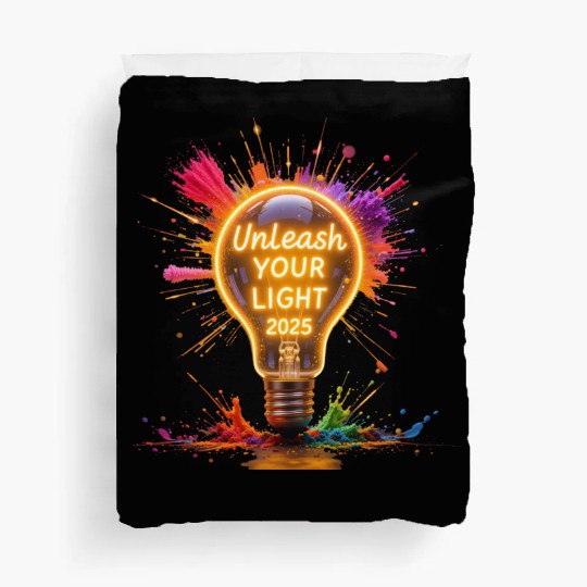 A large starburst glowing in neon light with 2025 Duvet Covers