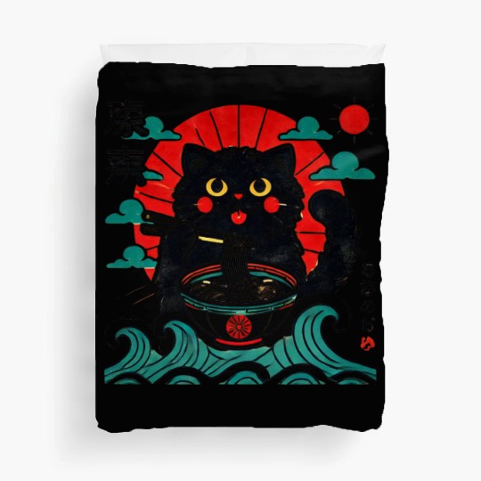 Kawaii Black Cat Eating Ramen Noodles Japanese Duvet Covers
