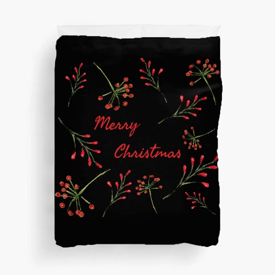 Merry Christmas greeting surrounded by Holly Duvet Covers