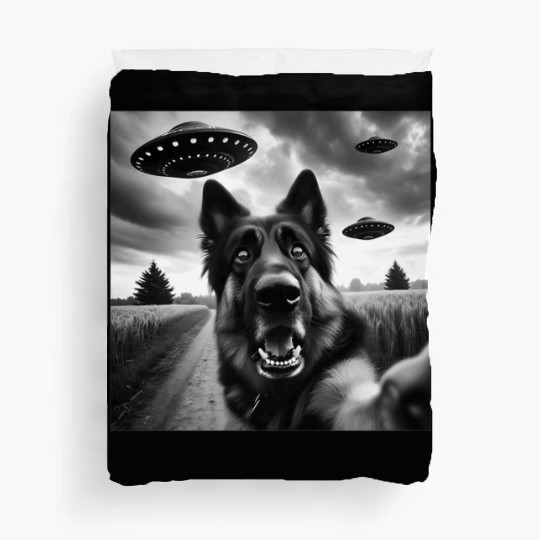 German Shepherd Funny GSP Selfie with UFOs Weird A Duvet Covers
