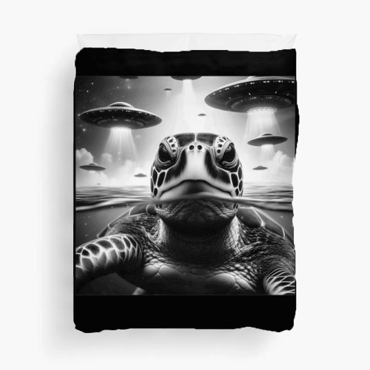 Sea Turtle Funny Graphic Selfie with UFOs Weird A Duvet Covers