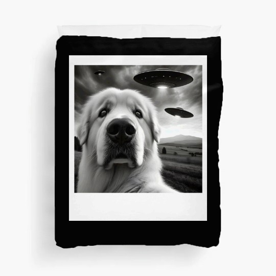 Great Pyrenees Funny Graphic Selfie with UFOs Weir Duvet Covers