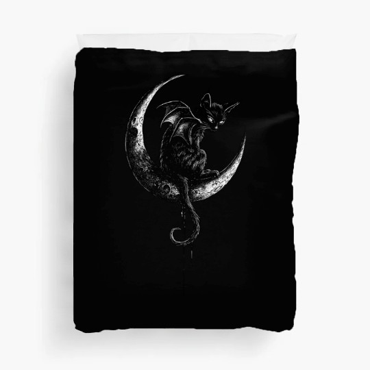 Cat With Bat Wings Sitting On Crescent Moon Goth Duvet Covers