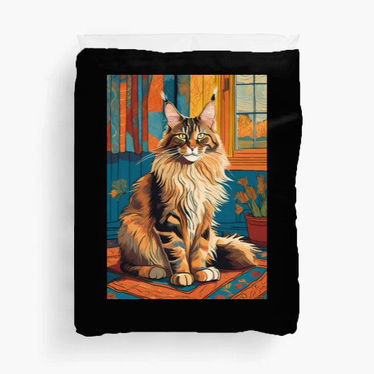 Cat painting red black cat Maine Duvet Covers