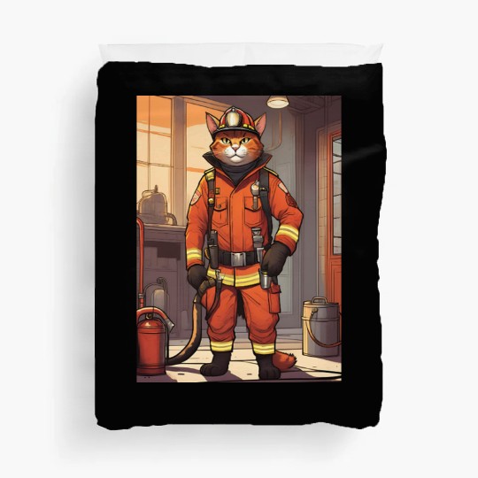 Cat painting red black cat Firefighter Cat Duvet Covers
