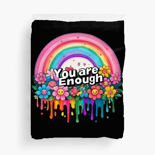 "You Are Enough" Rainbow and Flowers Inspirational Duvet Covers