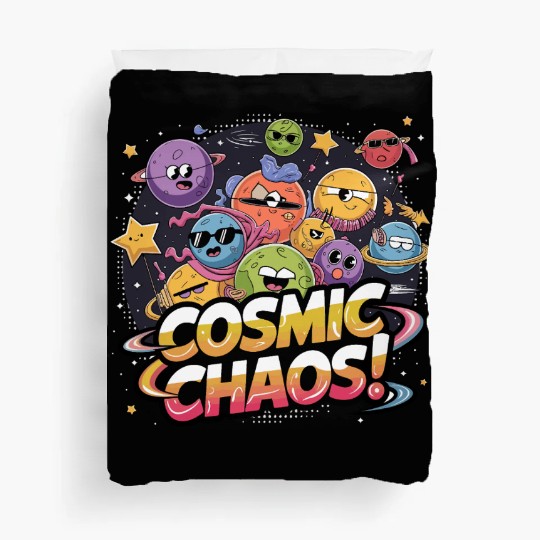 Chaotic Cartoonish Galaxy with Whimsical Character Duvet Covers