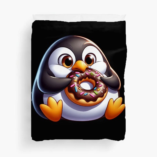 Cute chubby penguin with donut cartoon Duvet Covers