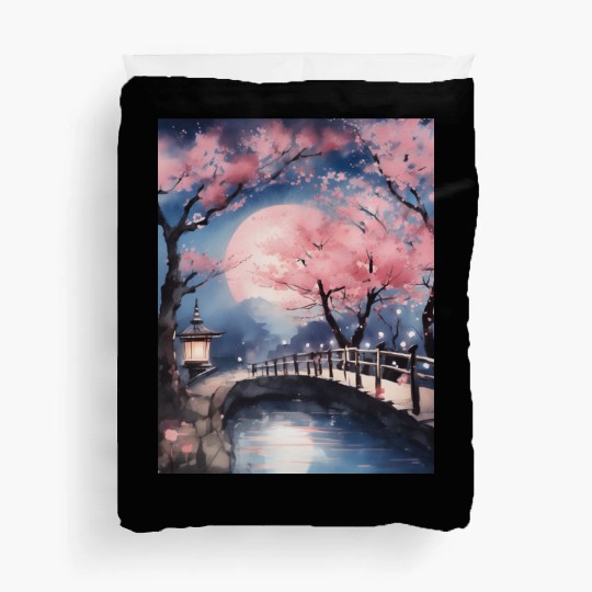 Watercolor cherry blossom festival full moon Duvet Covers