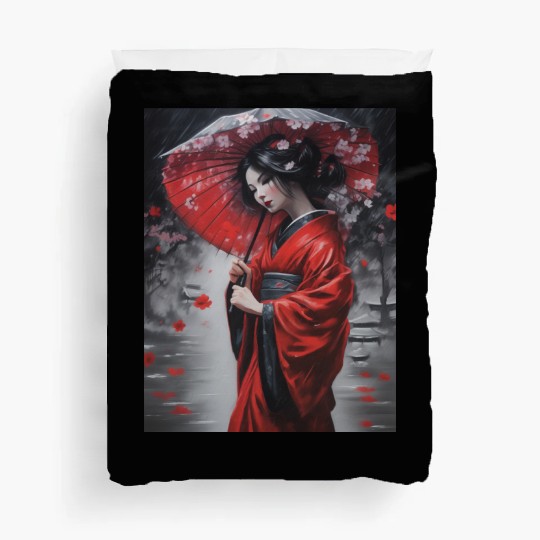 Geisha umbrella rain storm cherry blossoms Duvet Covers