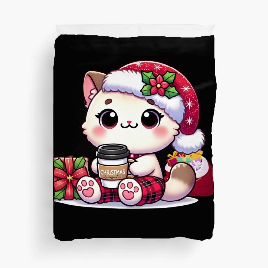 A Cute Kawaii Cat Drinking Coffee Duvet Covers