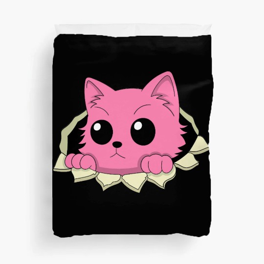 Cute Pink Cartoon Cat Peeking Out of a Hole Duvet Covers
