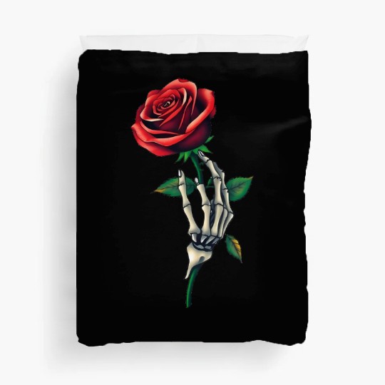 Skeleton Hand Holding a Rose: Beauty in the Dark Duvet Covers