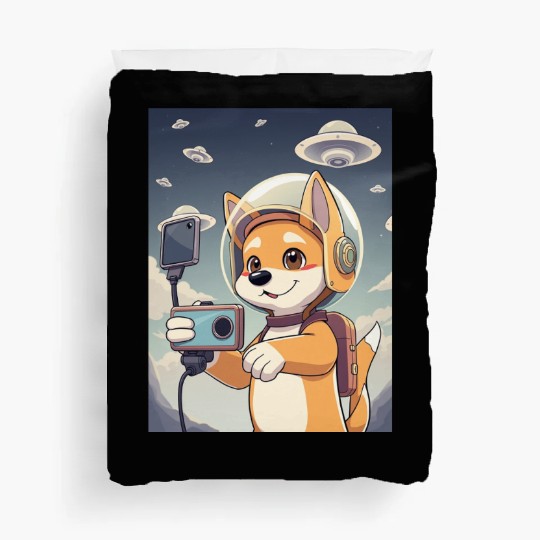 Funny Dog Rescue Anime Selfie with UFOs Weird Duvet Covers
