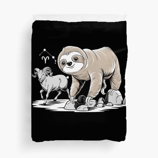 Aries Zodiac Soth with Ram and Sloth Illustration Duvet Covers