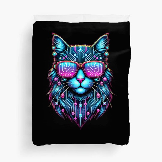 Cyberpunk Tech Cat – Futuristic Neon Glow Duvet Covers