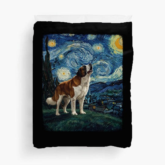 Saint Bernard Howling At Moon Starry Night Van Gog Duvet Covers