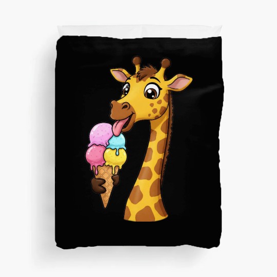 A giraffe licking a giant ice cream cone. Duvet Covers
