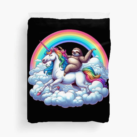 Sloth Riding Unicorn Under Rainbow Fantasy Duvet Covers