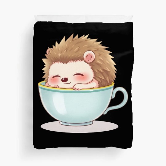 Cute hedgehog relaxing in a light blue cup Duvet Covers