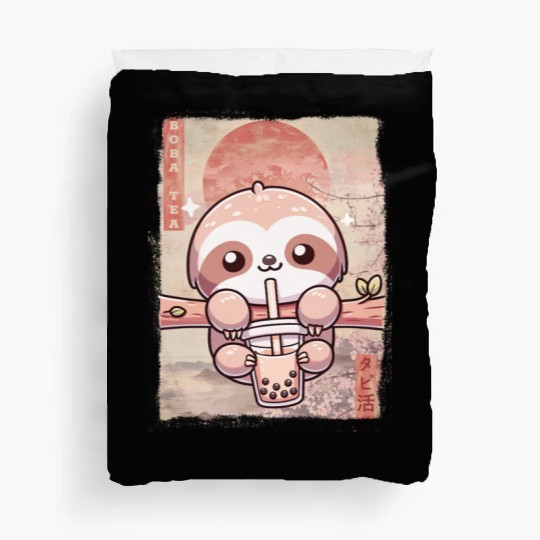 Cute Kawaii Sloth Drinks Boba Tea Japanese Duvet Covers