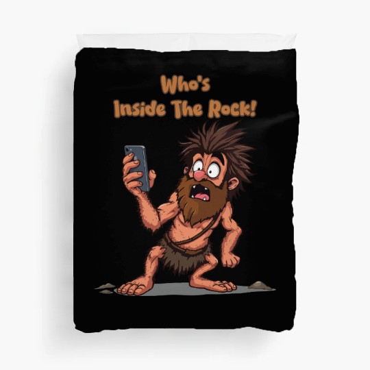Funny Caveman – Stone Age Meets Modern Technology Duvet Covers
