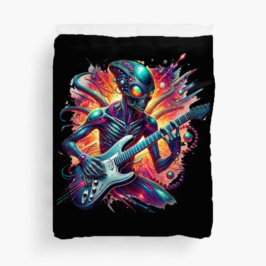 Alien playing guitar with rainbow background Duvet Covers
