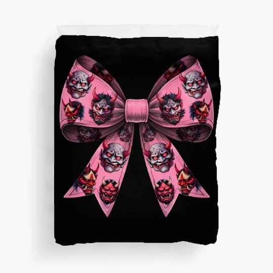 Coquette Bow Oni Yokai Devil Mask Pattern Pink Duvet Covers