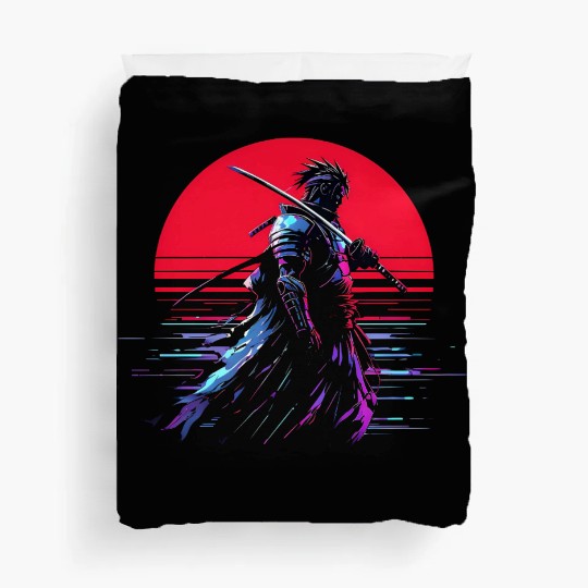 Cyberpunk Samurai Warrior Under Neon Moon Duvet Covers