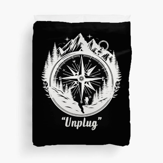 Compass Mountains Hiker, Unplug Nature Adventure Duvet Covers