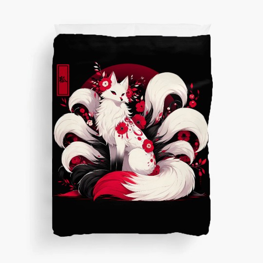 Kitsune Fox Red spider lily Flowers Japanese Nine Duvet Covers