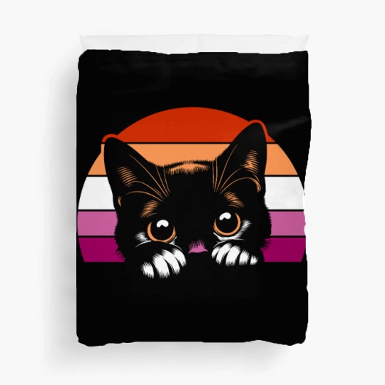 Lesbian Pride Peeking Cat Retro Sunset Aesthetic Duvet Covers