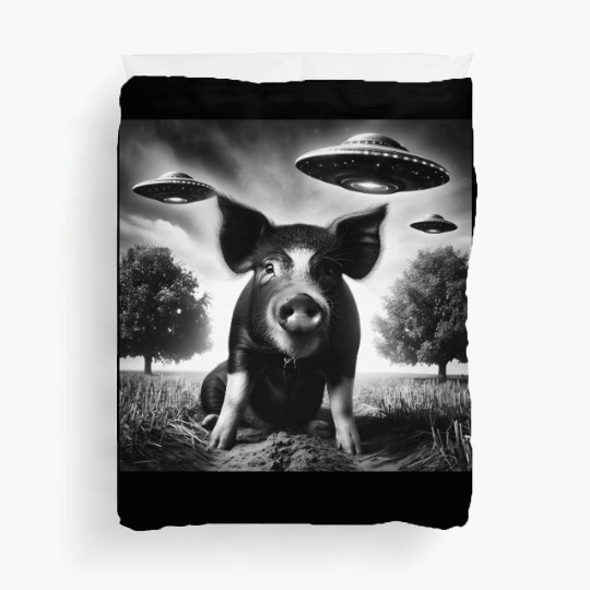 Pig piggy piglet Funny Graphic Selfie with UFOs We Duvet Covers