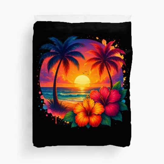 Tropical Sunset Palm Trees and Hibiscus Duvet Covers