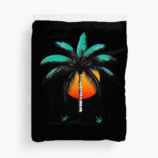 Grayscale Line Drawing Of A Central palm tree Duvet Covers