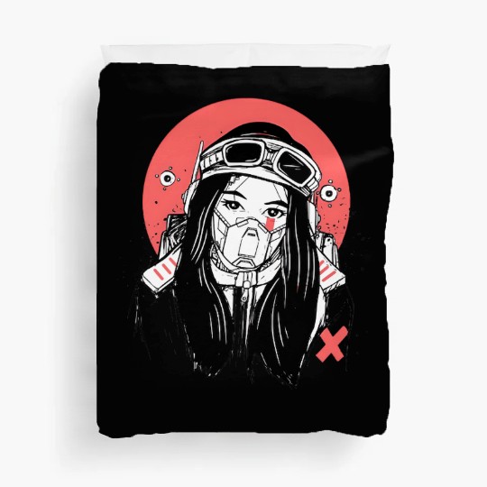 Cyberpunk Girl – Futuristic Gas Mask Art with Red Duvet Covers
