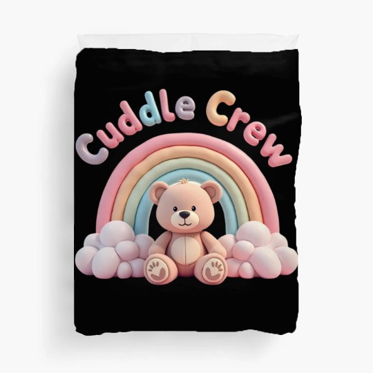 Soft teddy bear sitting under a rainbow Duvet Covers