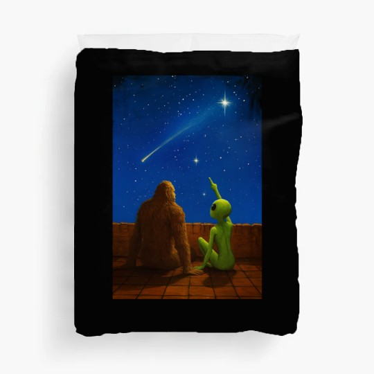 Alien and Bigfoot Enjoying the Night Sky During a Duvet Covers